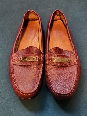Ralph Lauren Women's Burgundy Leather Penny Loafers with Gold Plaque